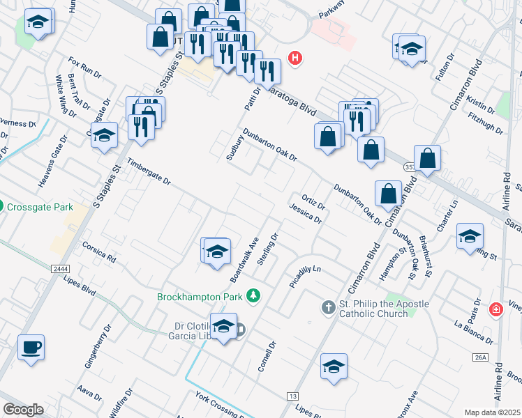 map of restaurants, bars, coffee shops, grocery stores, and more near 6018 Baltic Court in Corpus Christi