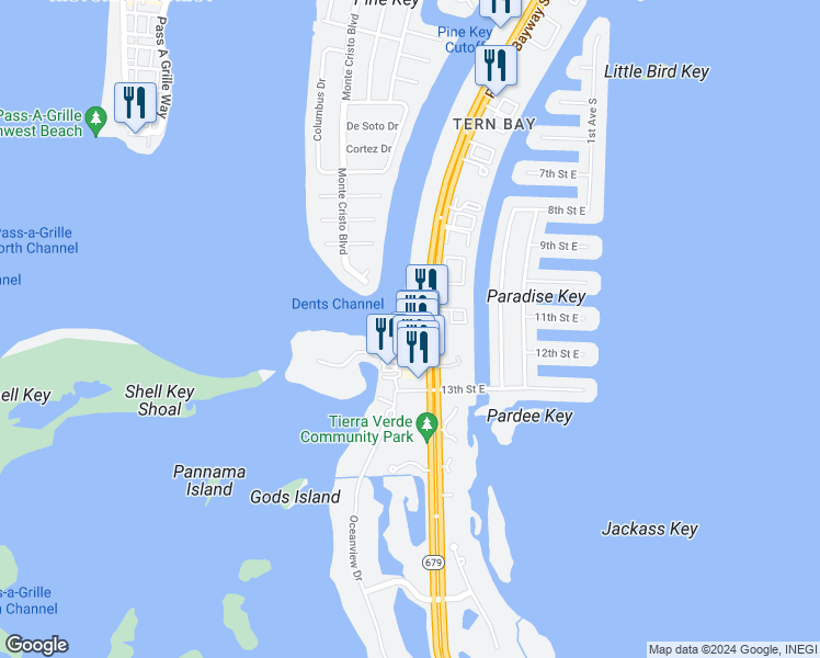 map of restaurants, bars, coffee shops, grocery stores, and more near 1100 Pinellas Bayway South in St. Petersburg