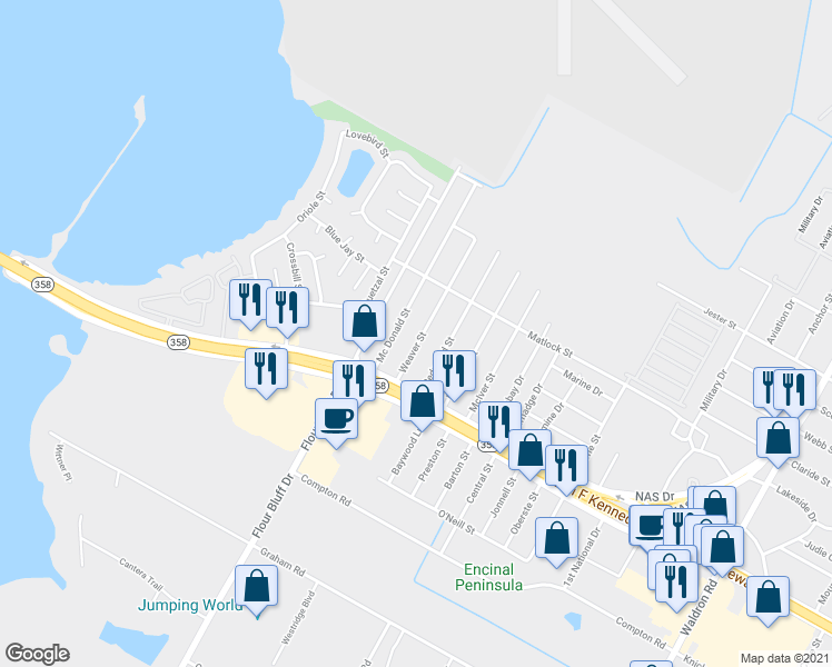 map of restaurants, bars, coffee shops, grocery stores, and more near 949 Mc Donald Street in Corpus Christi