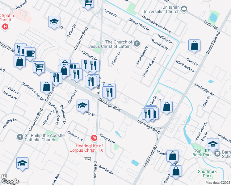 map of restaurants, bars, coffee shops, grocery stores, and more near 6733 Sandra Lane in Corpus Christi