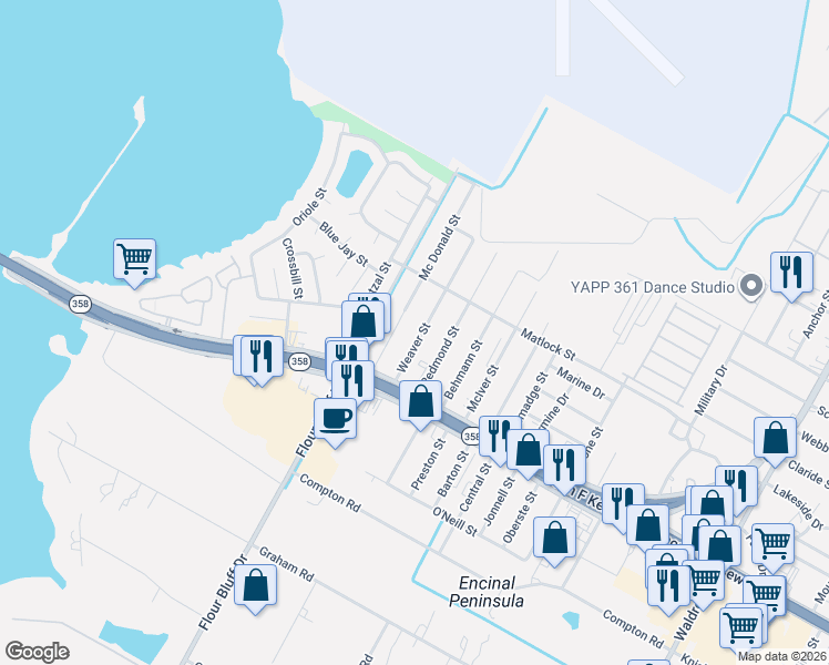 map of restaurants, bars, coffee shops, grocery stores, and more near 949 Mc Donald Street in Corpus Christi