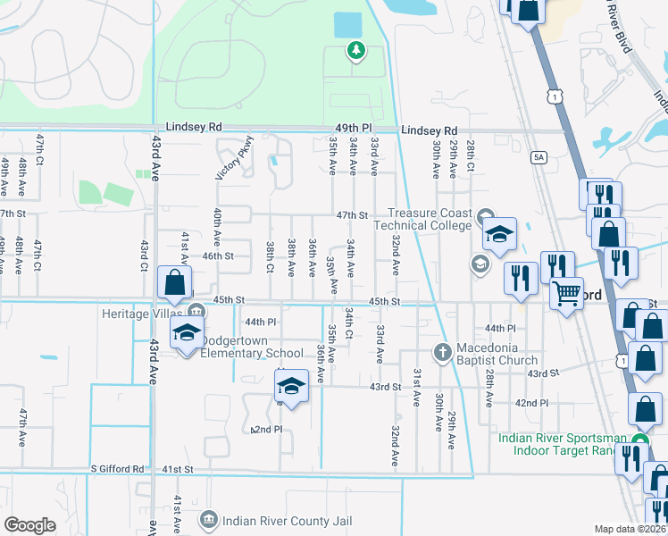 map of restaurants, bars, coffee shops, grocery stores, and more near 4560 35th Avenue in Vero Beach
