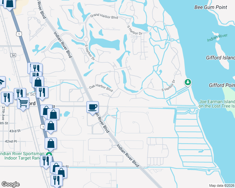 map of restaurants, bars, coffee shops, grocery stores, and more near 1140 Saint George's Lane in Vero Beach