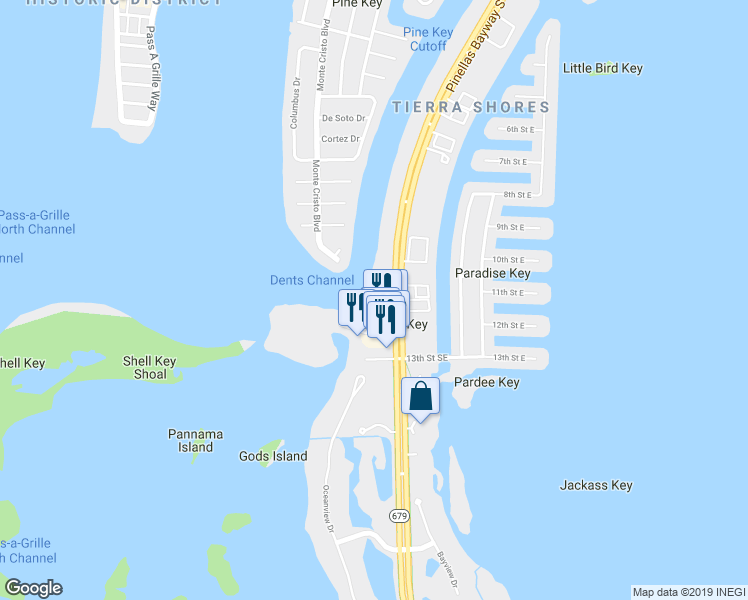 map of restaurants, bars, coffee shops, grocery stores, and more near 1100 Pinellas Bayway South in St. Petersburg