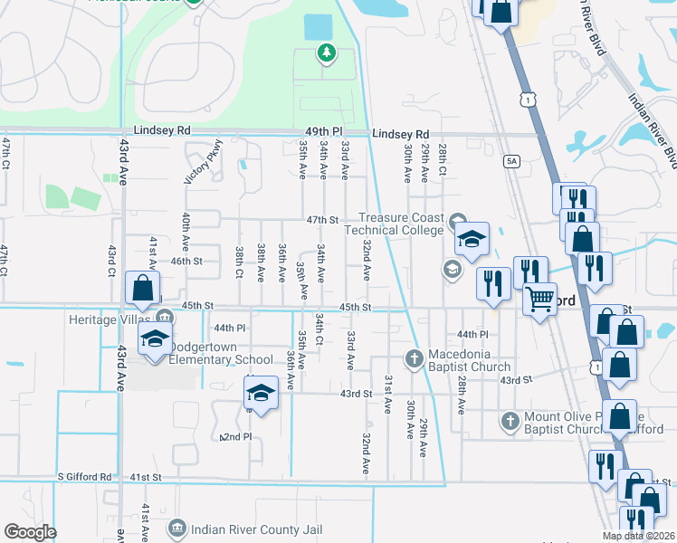 map of restaurants, bars, coffee shops, grocery stores, and more near 4595 33rd Avenue in Vero Beach