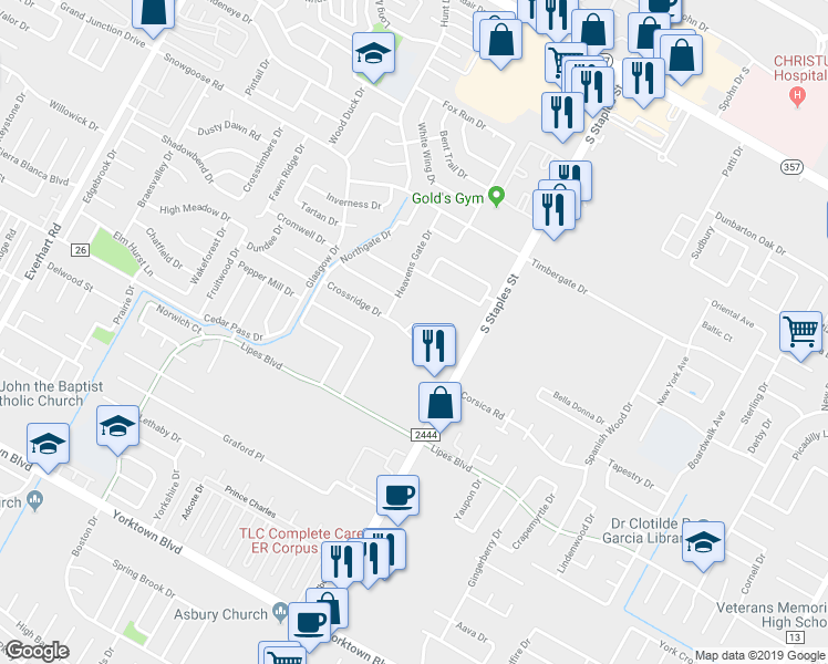 map of restaurants, bars, coffee shops, grocery stores, and more near 6909 Ridgeline Court in Corpus Christi