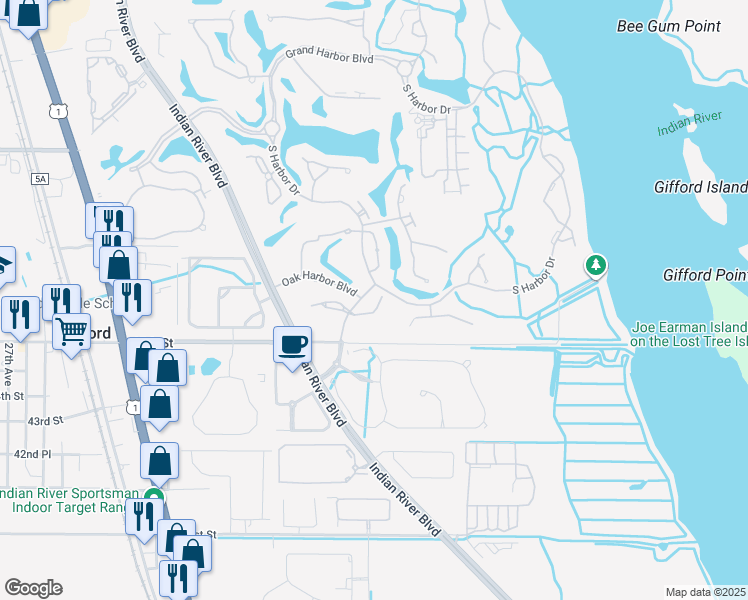 map of restaurants, bars, coffee shops, grocery stores, and more near 1140 Saint George's Lane in Vero Beach