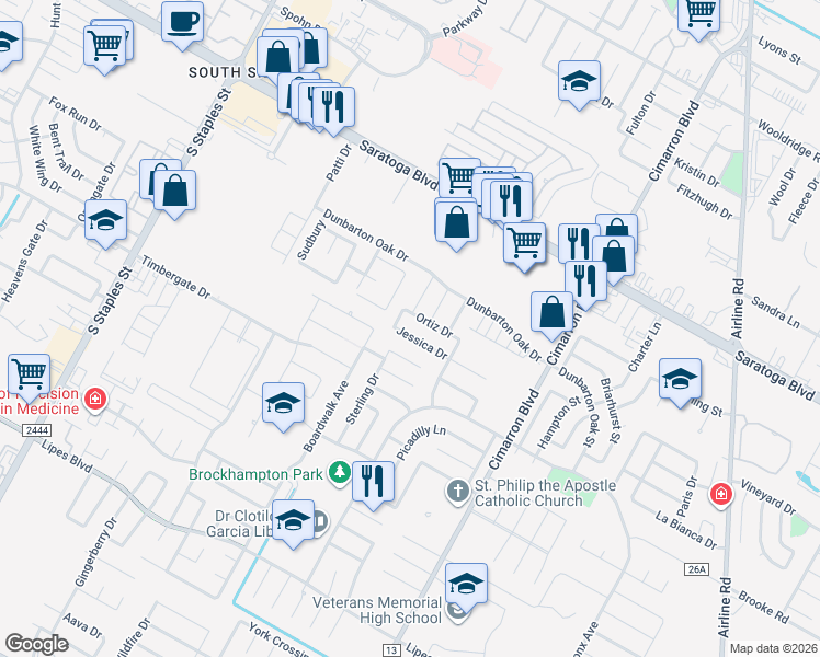 map of restaurants, bars, coffee shops, grocery stores, and more near 6110 Jessica Drive in Corpus Christi