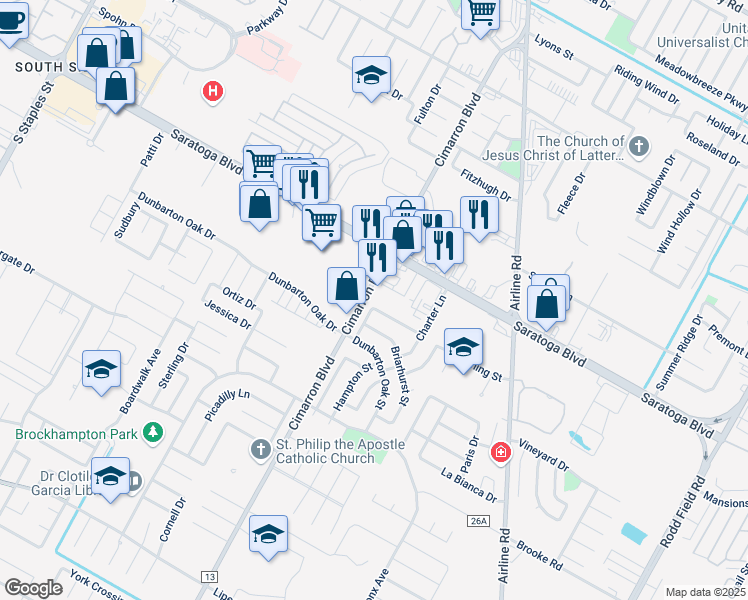 map of restaurants, bars, coffee shops, grocery stores, and more near 3109 Roanoke Drive in Corpus Christi