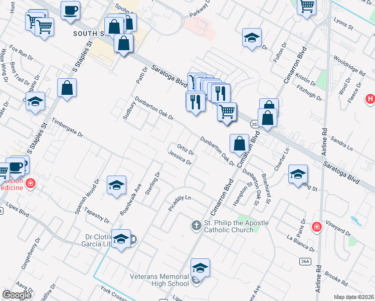 map of restaurants, bars, coffee shops, grocery stores, and more near 6729 Newman Drive in Corpus Christi