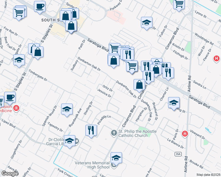 map of restaurants, bars, coffee shops, grocery stores, and more near 6729 Newman Drive in Corpus Christi