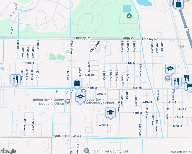 map of restaurants, bars, coffee shops, grocery stores, and more near 3970 45th Place in Vero Beach