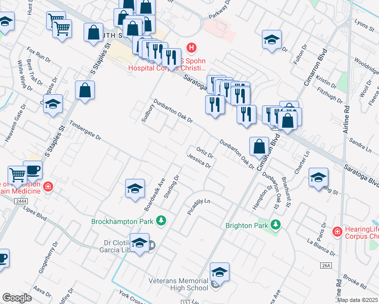 map of restaurants, bars, coffee shops, grocery stores, and more near 6102 Jessica Drive in Corpus Christi