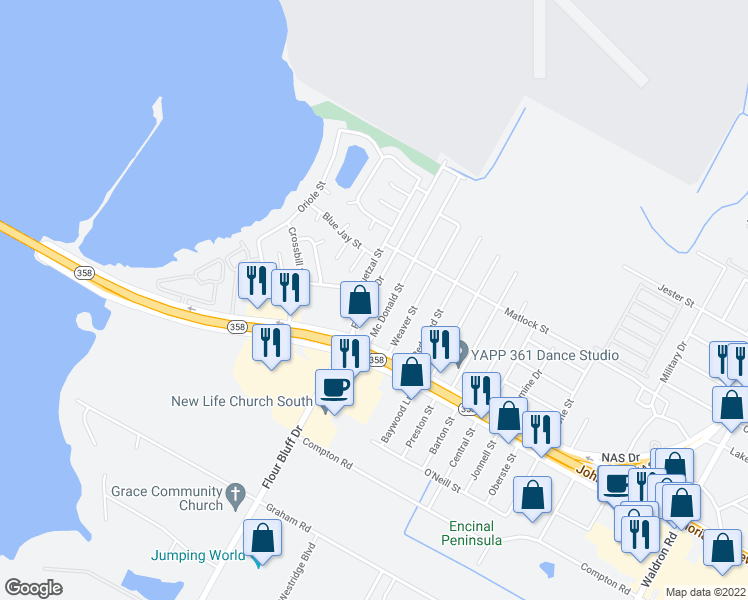 map of restaurants, bars, coffee shops, grocery stores, and more near 1005 Flour Bluff Drive in Corpus Christi