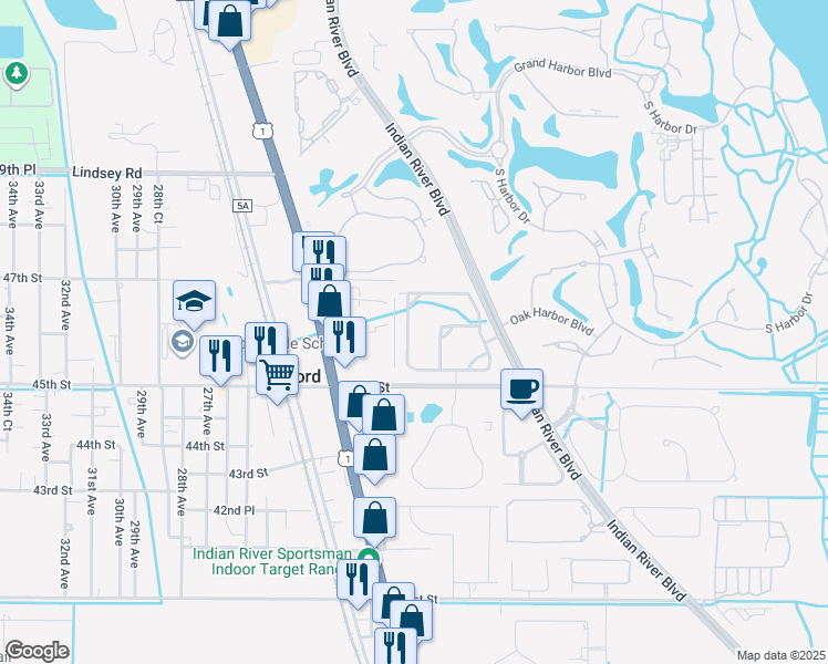 map of restaurants, bars, coffee shops, grocery stores, and more near 1930 Bridgepointe Circle in Vero Beach