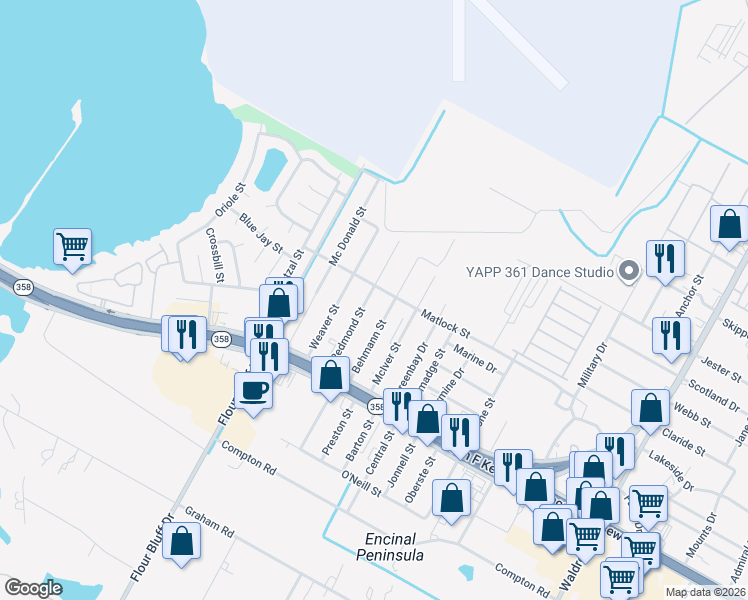 map of restaurants, bars, coffee shops, grocery stores, and more near 914 Behmann Street in Corpus Christi