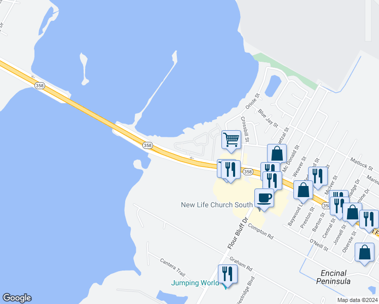 map of restaurants, bars, coffee shops, grocery stores, and more near 9320 South Padre Island Drive in Corpus Christi