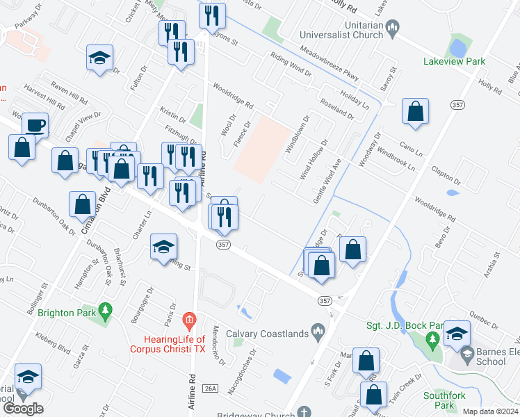 map of restaurants, bars, coffee shops, grocery stores, and more near 6806 Sandra Lane in Corpus Christi