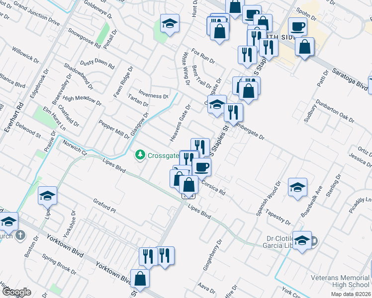 map of restaurants, bars, coffee shops, grocery stores, and more near 6909 Ridgeline Court in Corpus Christi