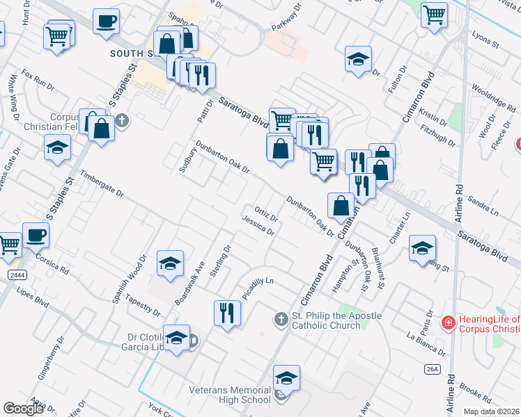 map of restaurants, bars, coffee shops, grocery stores, and more near 6110 Jessica Drive in Corpus Christi