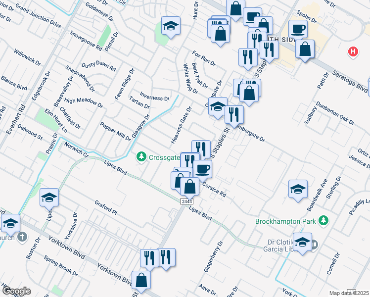 map of restaurants, bars, coffee shops, grocery stores, and more near 6909 Ridgeline Court in Corpus Christi