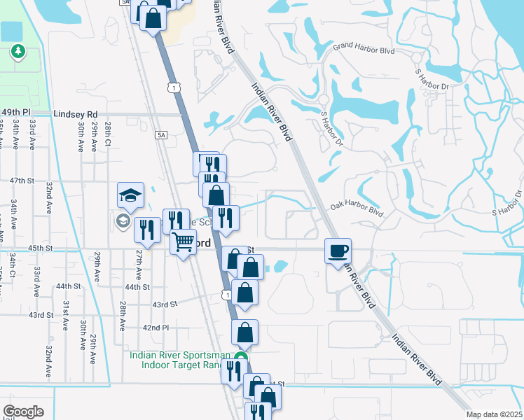 map of restaurants, bars, coffee shops, grocery stores, and more near 1930 Bridgepointe Circle in Vero Beach