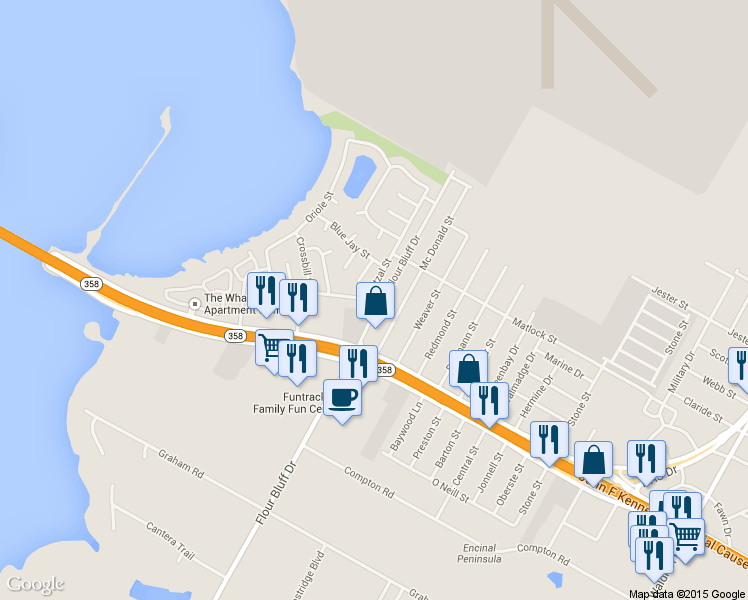 map of restaurants, bars, coffee shops, grocery stores, and more near 1005 Flour Bluff Drive in Corpus Christi