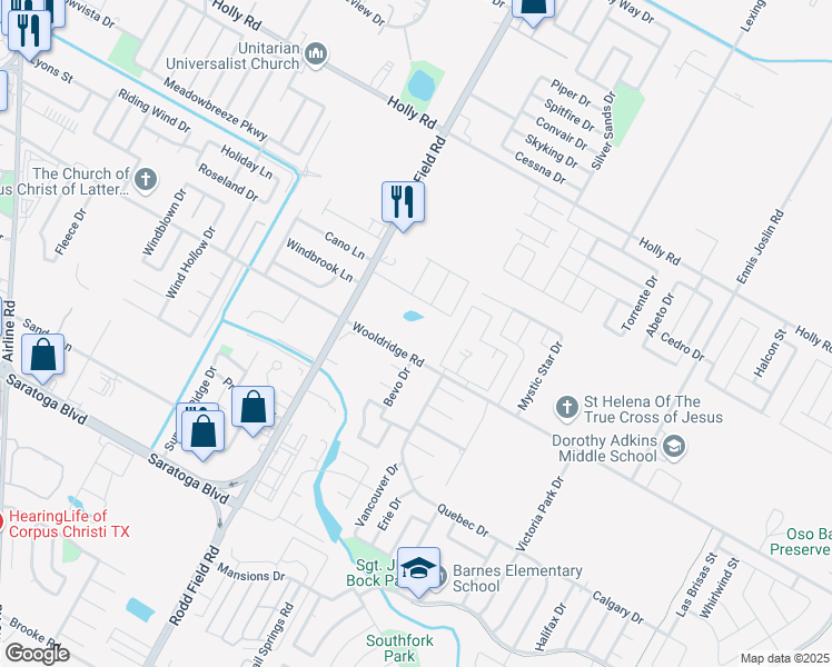 map of restaurants, bars, coffee shops, grocery stores, and more near 2502 Bevo Drive in Corpus Christi