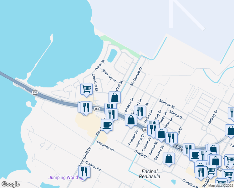 map of restaurants, bars, coffee shops, grocery stores, and more near 1005 Flour Bluff Drive in Corpus Christi