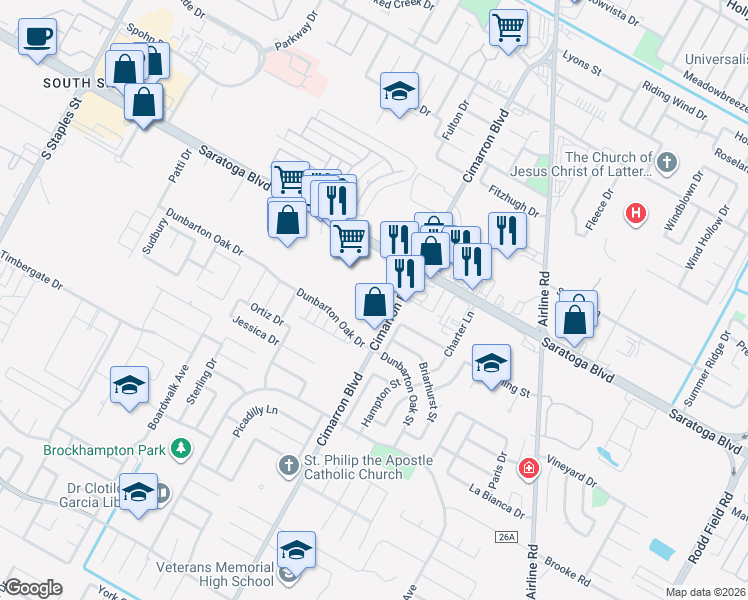 map of restaurants, bars, coffee shops, grocery stores, and more near 3109 Roanoke Drive in Corpus Christi