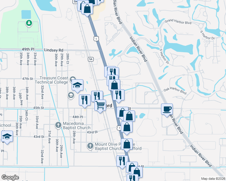 map of restaurants, bars, coffee shops, grocery stores, and more near 4598 Florida 5 in Vero Beach