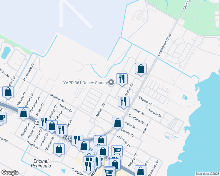 map of restaurants, bars, coffee shops, grocery stores, and more near 406 Military Drive in Corpus Christi