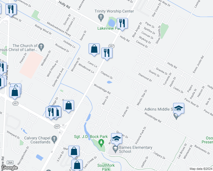 map of restaurants, bars, coffee shops, grocery stores, and more near 7352 Wooldridge Road in Corpus Christi