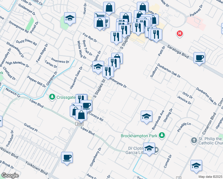 map of restaurants, bars, coffee shops, grocery stores, and more near 6739 South Staples Street in Corpus Christi
