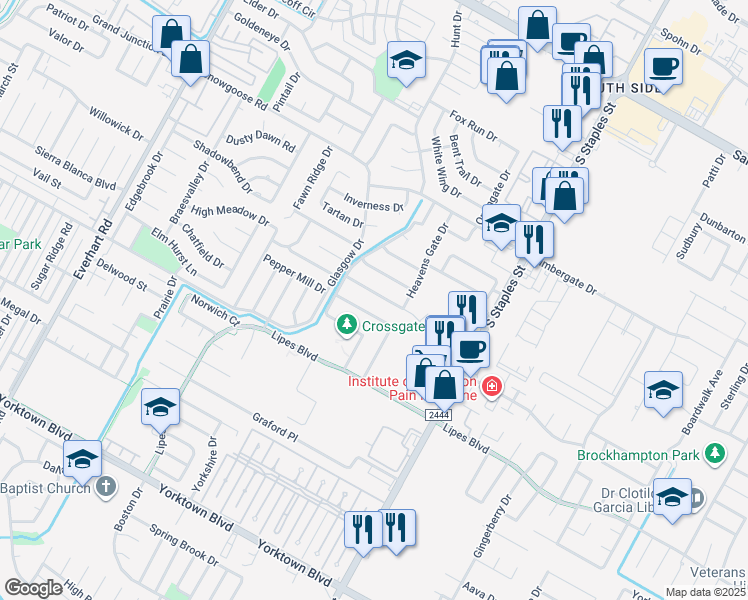 map of restaurants, bars, coffee shops, grocery stores, and more near 5317 Crossridge Drive in Corpus Christi