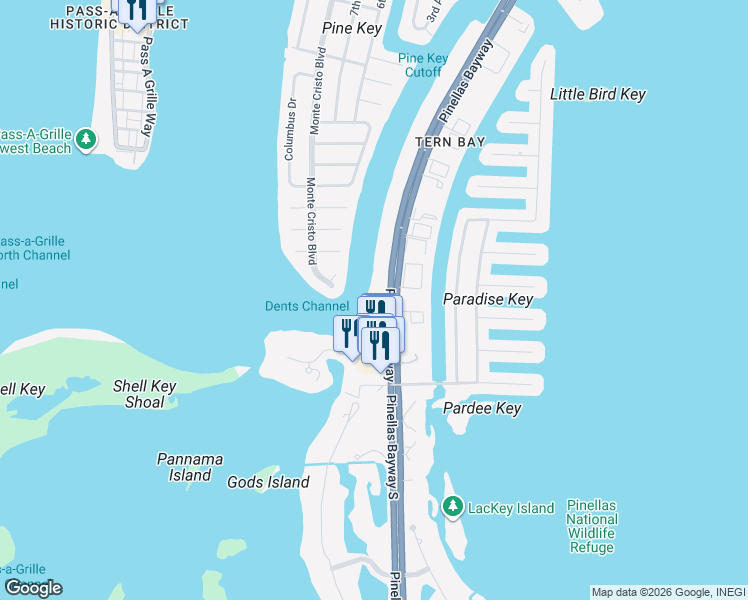 map of restaurants, bars, coffee shops, grocery stores, and more near 1060 Pinellas Bayway South in Tierra Verde