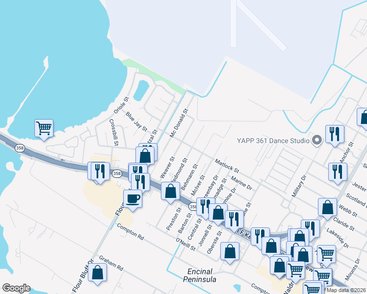map of restaurants, bars, coffee shops, grocery stores, and more near 846 Weaver Street in Corpus Christi