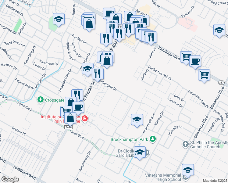 map of restaurants, bars, coffee shops, grocery stores, and more near 5721 Timbergate Drive in Corpus Christi