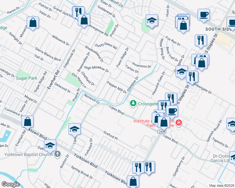 map of restaurants, bars, coffee shops, grocery stores, and more near 7010 Sun Wood Drive in Corpus Christi