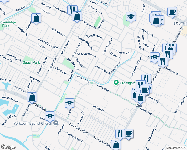 map of restaurants, bars, coffee shops, grocery stores, and more near 7022 Fruitwood Drive in Corpus Christi
