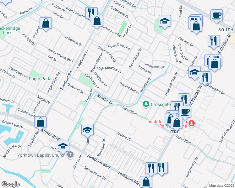 map of restaurants, bars, coffee shops, grocery stores, and more near 7022 Fruitwood Drive in Corpus Christi