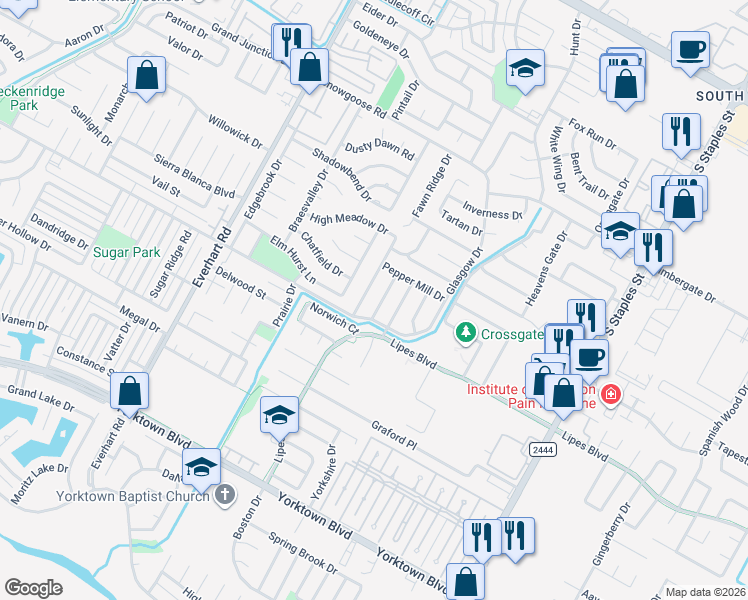 map of restaurants, bars, coffee shops, grocery stores, and more near 7022 Fruitwood Drive in Corpus Christi