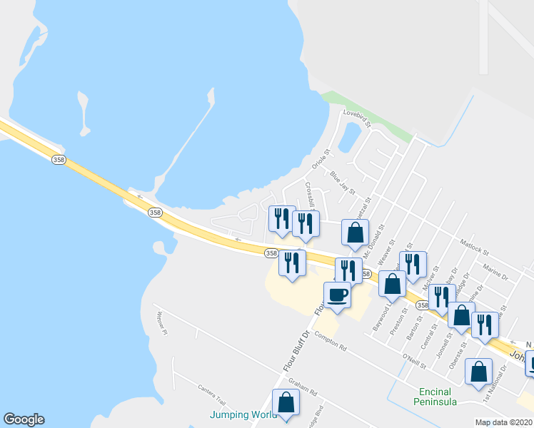 map of restaurants, bars, coffee shops, grocery stores, and more near 4121 Waldron Road in Corpus Christi
