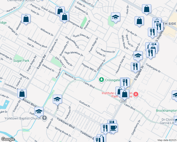 map of restaurants, bars, coffee shops, grocery stores, and more near 7010 Sun Wood Drive in Corpus Christi