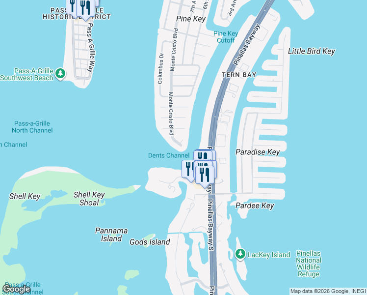 map of restaurants, bars, coffee shops, grocery stores, and more near 995 Monte Cristo Boulevard in Tierra Verde
