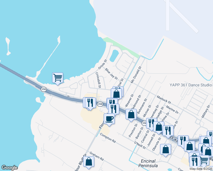 map of restaurants, bars, coffee shops, grocery stores, and more near 977 Ribbontail Street in Corpus Christi