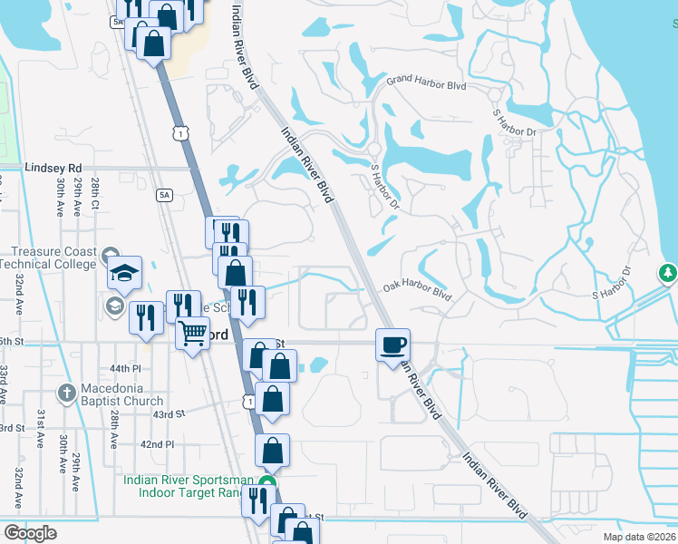 map of restaurants, bars, coffee shops, grocery stores, and more near 2030 Bridgepointe Circle in Vero Beach