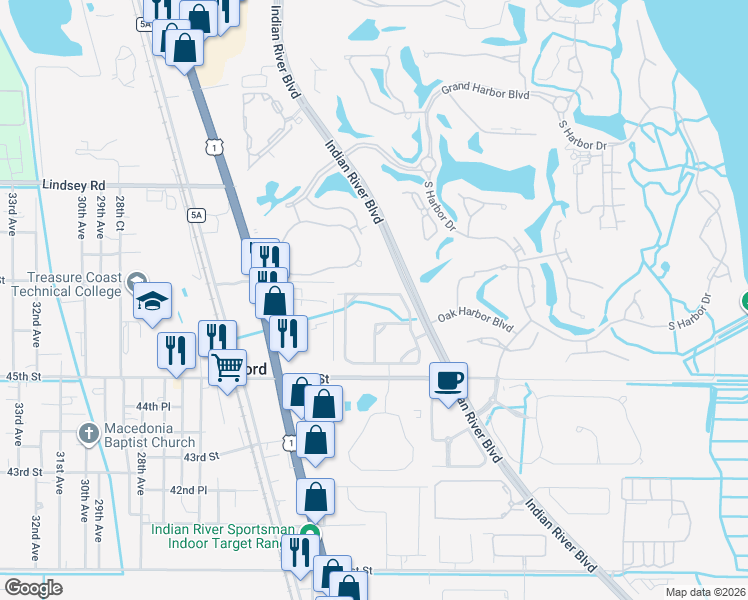 map of restaurants, bars, coffee shops, grocery stores, and more near 2030 Bridgepointe Circle in Vero Beach