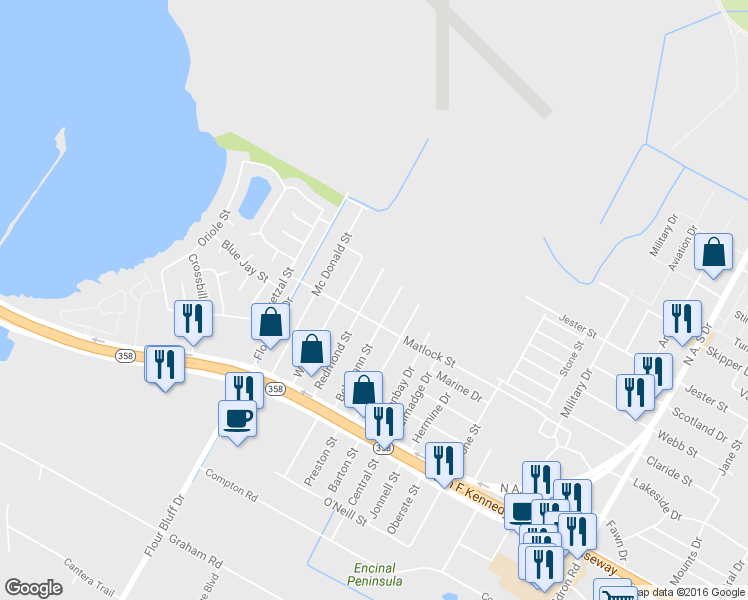 map of restaurants, bars, coffee shops, grocery stores, and more near 829 Redmond Street in Corpus Christi