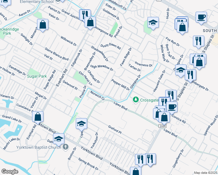 map of restaurants, bars, coffee shops, grocery stores, and more near 7022 Fruitwood Drive in Corpus Christi